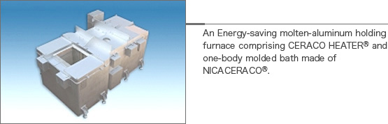 An Energy-saving molten-aluminum holding furnace comprising CERACO HEATER® and one-body molded bath made of NICACERACOⓇ.